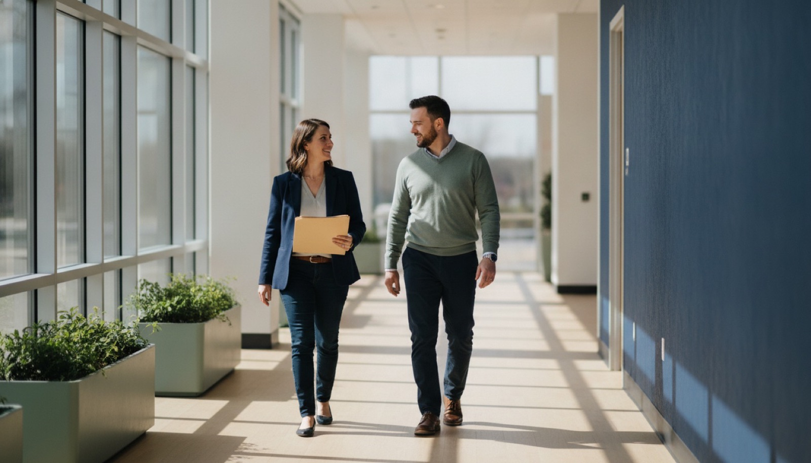 Two nonprofit program staff talking as they walk through their office