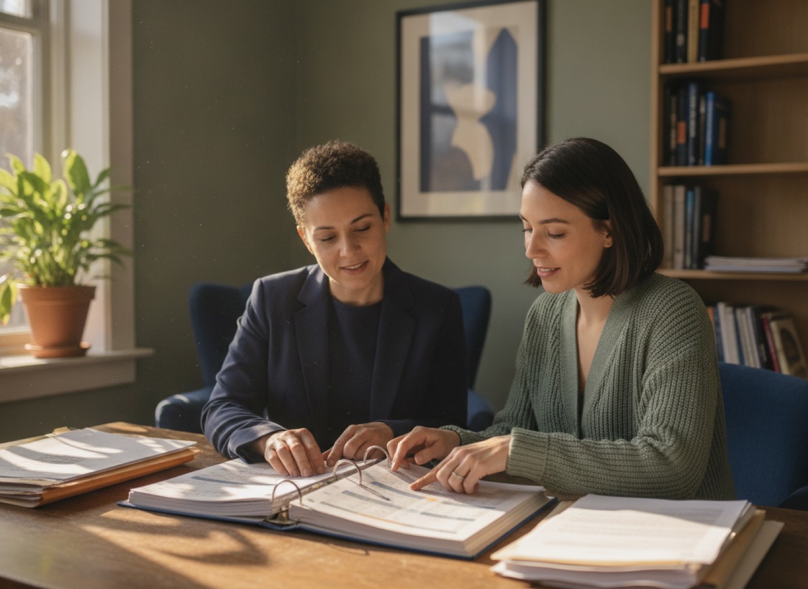A director and colleague reviewing a printed report